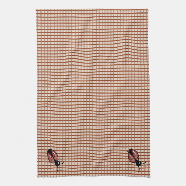 Red Country Folk Gingham Checks Tea Towel (Vertical)