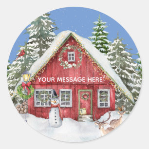Red Country House Snow Christmas Scene Name Classic Round Sticker
