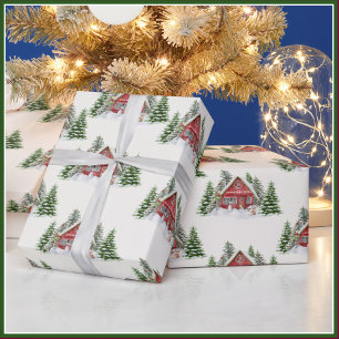 Red Country House Snow Christmas Scene Name Wrapping Paper