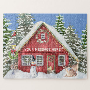 Red Country House Snow Holiday Scene Personalised Jigsaw Puzzle