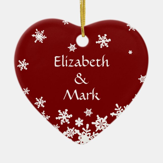Red Couple Name Year Christmas Snowflake Heart Ceramic Ornament (Front)