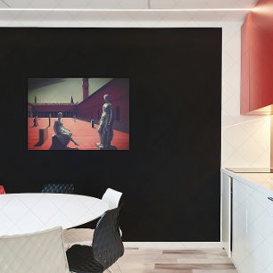Red Courtyard with Statues Metaphysical Art Poster