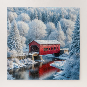 Red Covered Bridge In Winter Forest Jigsaw Puzzle