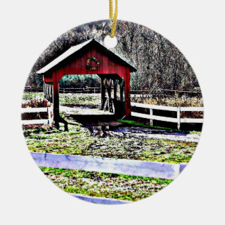 Red Covered Bridge Landscape Ceramic Ornament