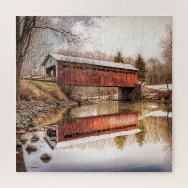 Red covered bridge over river puzzle (Vertical)