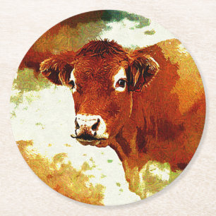 Red Cow Painting Round Paper Coaster