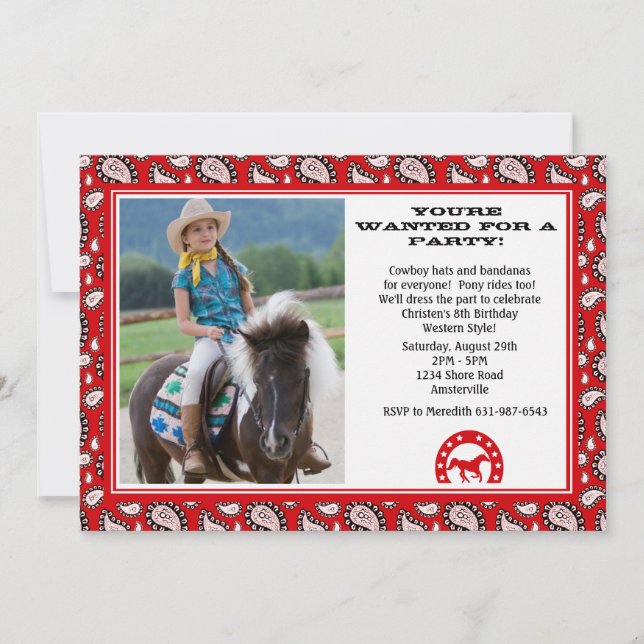 Red Cowboy Bandanna Photo Invitation (Front)