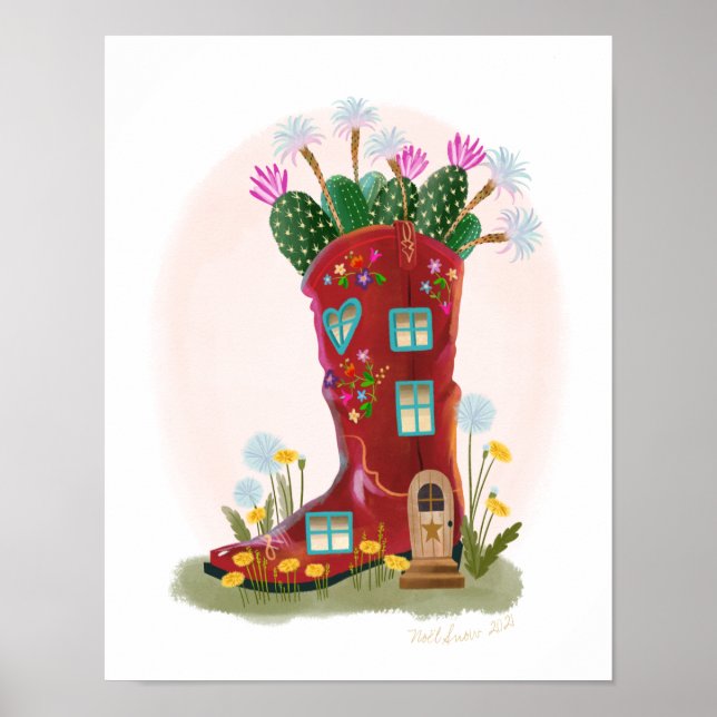 Red Cowboy Boot and Cactus House Art Print   (Front)
