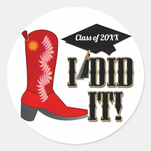 Red Cowboy Boot Graduation Classic Round Sticker (Front)