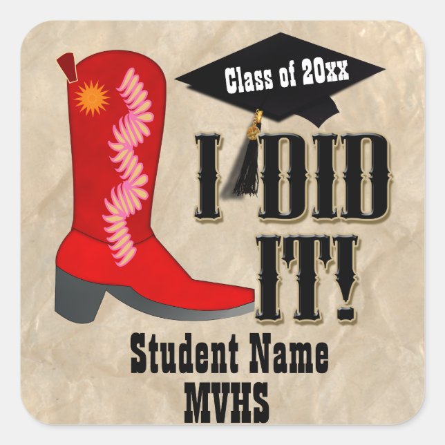 Red Cowboy Boot - Graduation Square Sticker (Front)