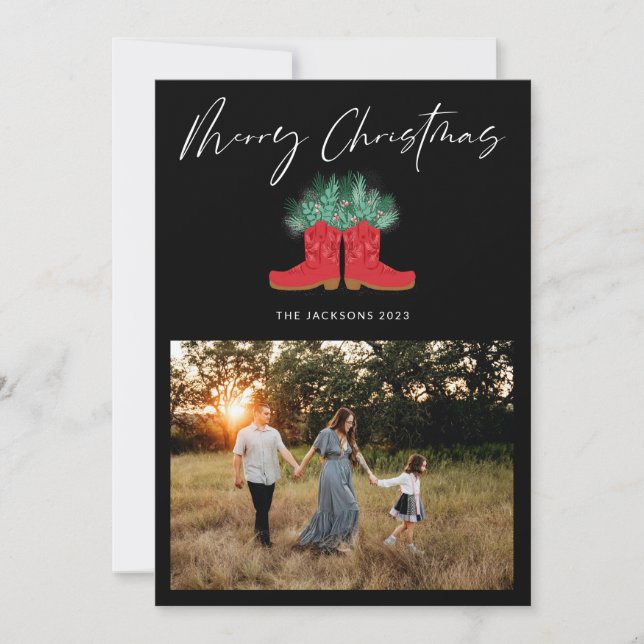 Red Cowboy Boots and Spruce Merry Christmas Holiday Card (Front)