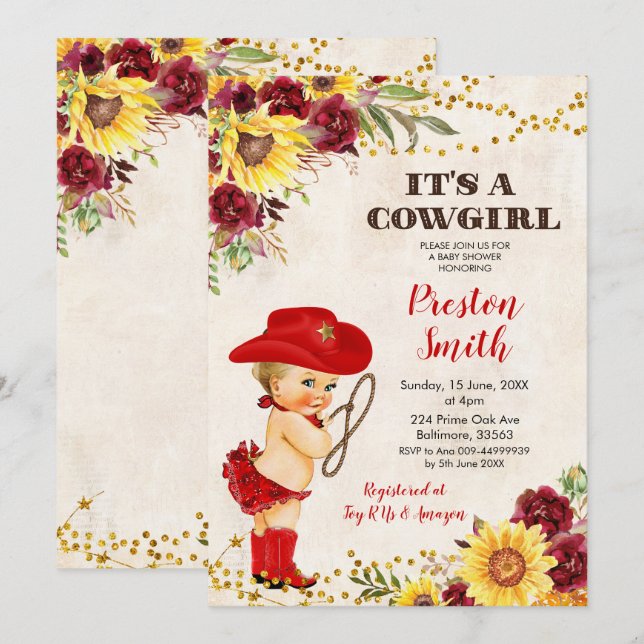 Red Cowgirl Blonde Rose and Sunflower Baby Shower  Invitation (Front/Back)