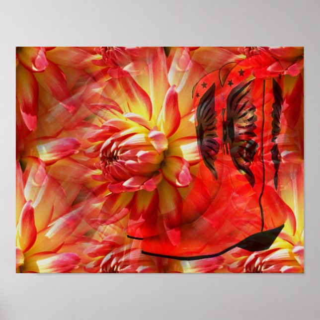 Red Cowgirl Boots Dahlia Flower Fantasy Art  Poster (Front)
