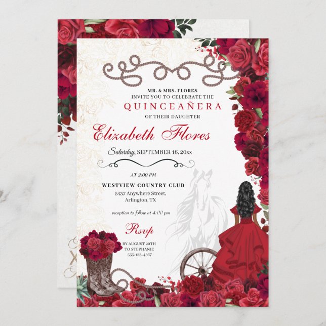 Red Cowgirl Ranchero Western Quinceanera Invitation (Front/Back)