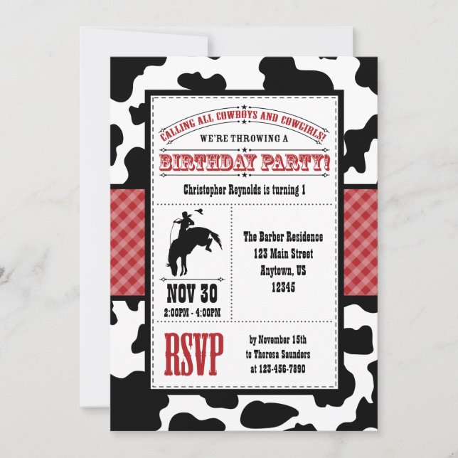 Red Cowhide Cowboy Birthday Invitation (Front)