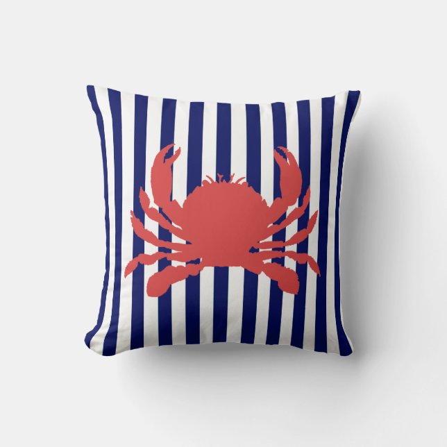 Red Crab and Navy Stripe Cushion (Front)
