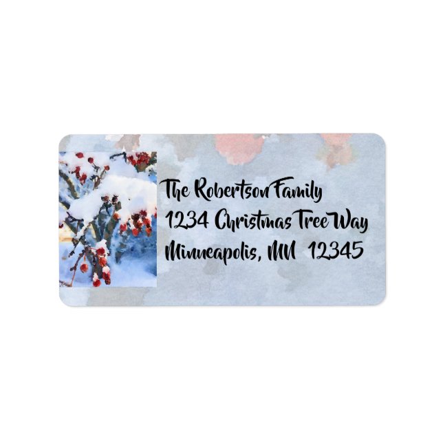 Red Crab Apple Berries in Snow~Watercolor Holiday Label (Front)
