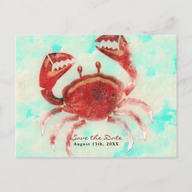 Red Crab Elegant Beach Engagement Save the Date Announcement Postcard (Front)