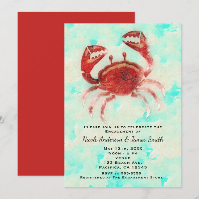 Red Crab Elegant Beach Party Engagement Shower Invitation (Front/Back)