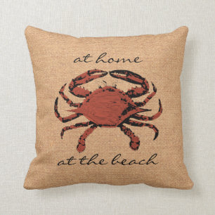 Red Crab Illustration Nautical Burlap Beach - Home Cushion