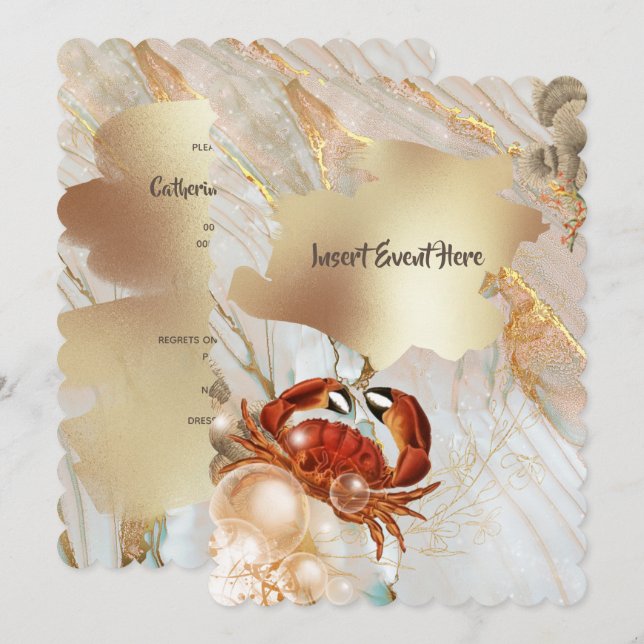 Red crab marble gold liquid elegant party chic invitation (Front/Back)