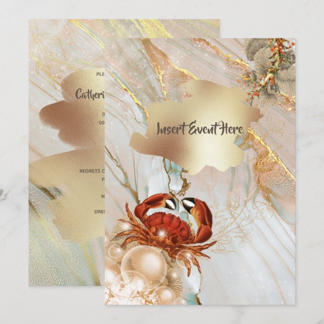 Red crab marble gold liquid elegant party chic invitation (Front/Back)