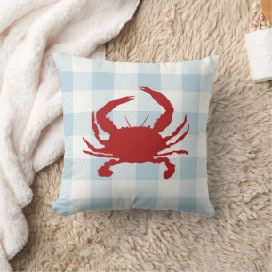 Red Crab Nautical Blue Gingham Check Cushion