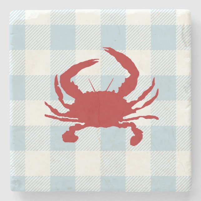 Red Crab Nautical Gingham Check  Stone Coaster (Front)