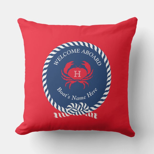 Red Crab Nautical Solid Navy Blue  Boat Outdoor Pi Cushion (Front)