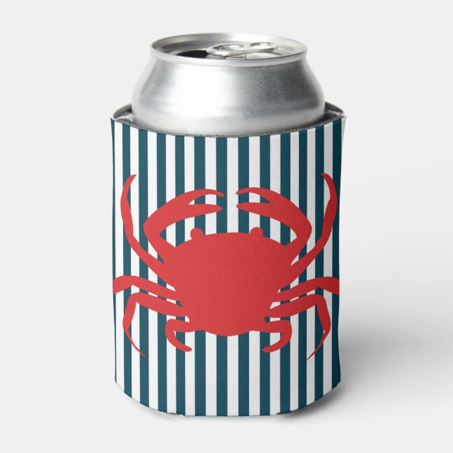 Red Crab on Nautical Stripes Can Cooler (Can Front)
