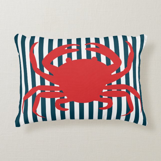 Red Crab on Nautical Stripes Decorative Cushion (Front)