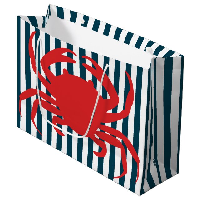 Red Crab on Nautical Stripes Large Gift Bag (Front Angled)