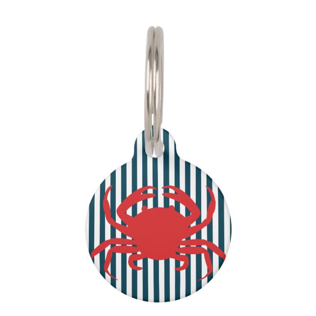 Red Crab on Nautical Stripes Pet Tag (Front)