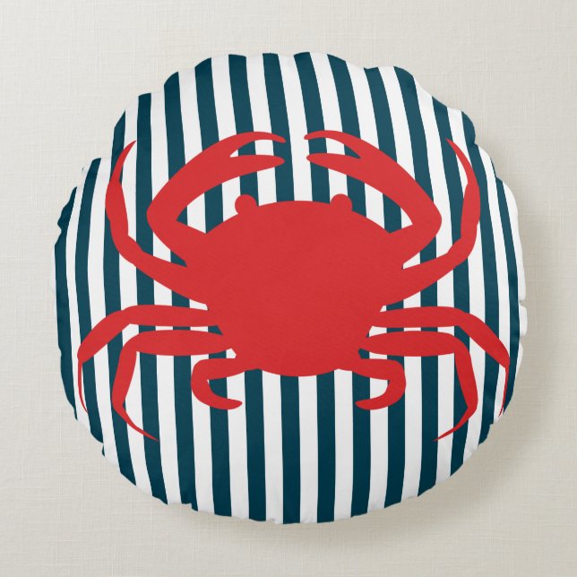 Red Crab on Nautical Stripes Round Cushion (Front)