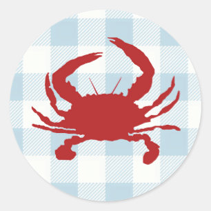 Red Crab Painting Nautical Blue Gingham Check Classic Round Sticker