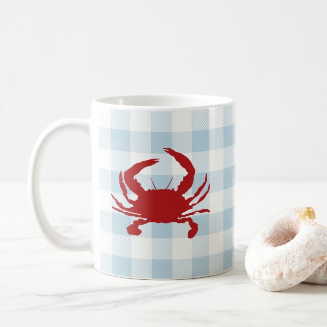 Red Crab Painting Nautical Coastal Gingham Pattern Coffee Mug (With Donut)