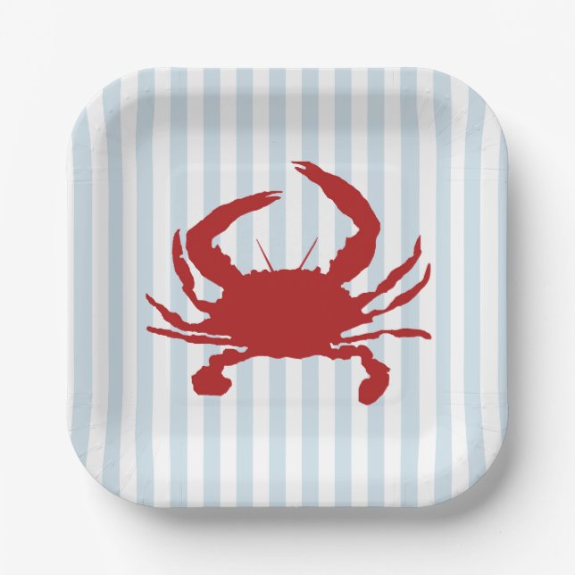 Red Crab Painting Nautical Stripe  Paper Plate (Front)
