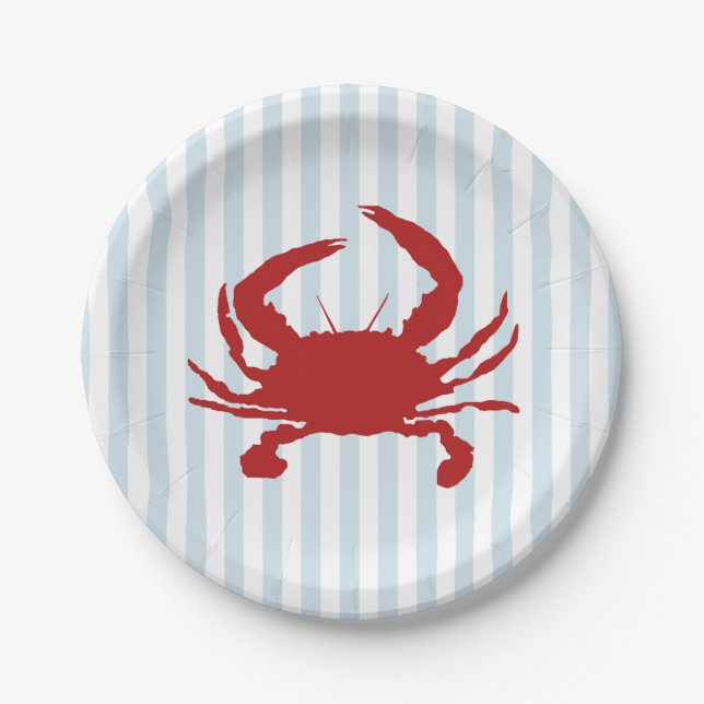 Red Crab Painting Nautical Stripe Paper Plates (Front)