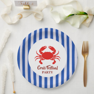Red Crab Seafood  Nautical Blue navy Stripes Party Paper Plate