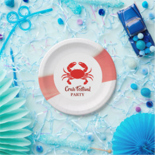 Red Crab Seafood Nautical Stripes Party Paper Plate