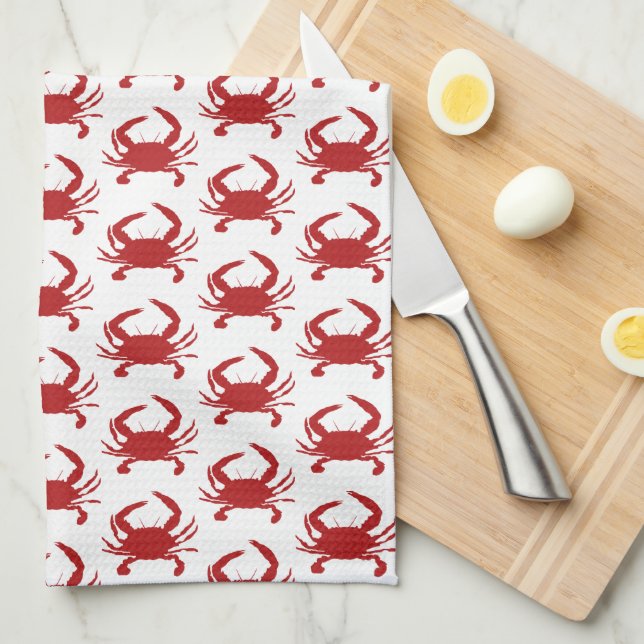 Red Crab Silhouette Pattern Beach Tea Towel (Quarter Fold)