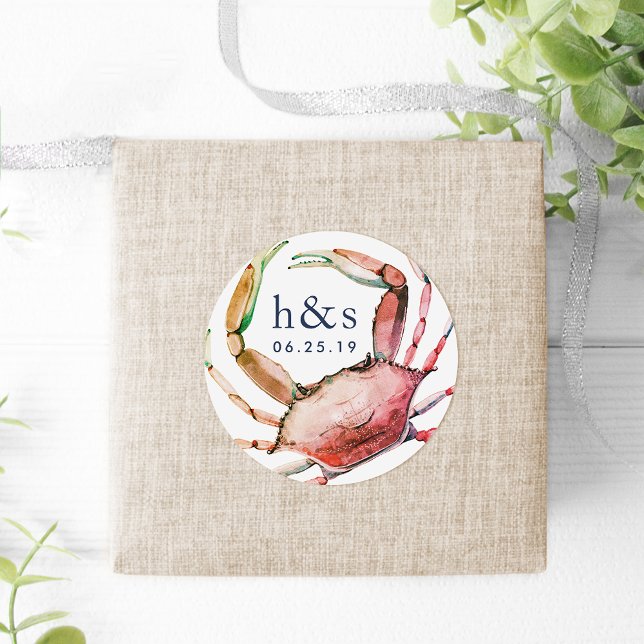 Red Crab Wedding Monogram Classic Round Sticker (Creator Uploaded)