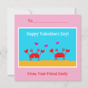 Red Crabs Hearts Friendship Kids Valentine's Day Holiday Card