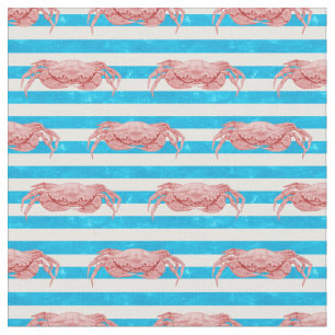 Red Crabs on Blue Stripes Coastal Fabric