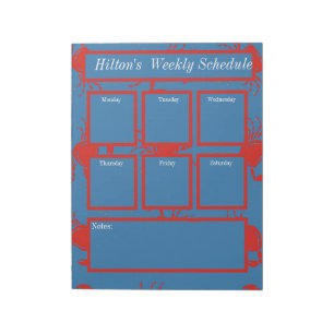 Red crabs on blue weekly schedule notes