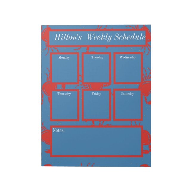 Red crabs on blue weekly schedule notes (Rotated)