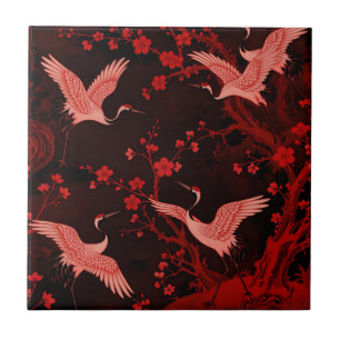 Red Crane Cherry Blossom Chinoiserie Pattern Ceramic Tile