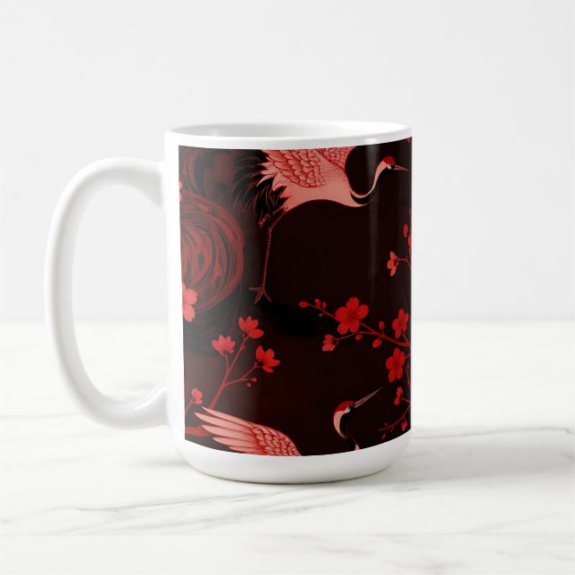 Red Crane Cherry Blossom Chinoiserie Pattern Coffee Mug (Left)
