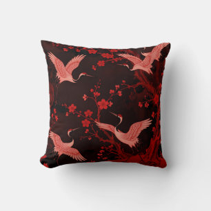 Red Crane Cherry Blossom Chinoiserie Pattern Cushion