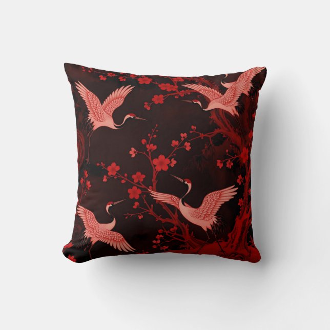Red Crane Cherry Blossom Chinoiserie Pattern Cushion (Front)